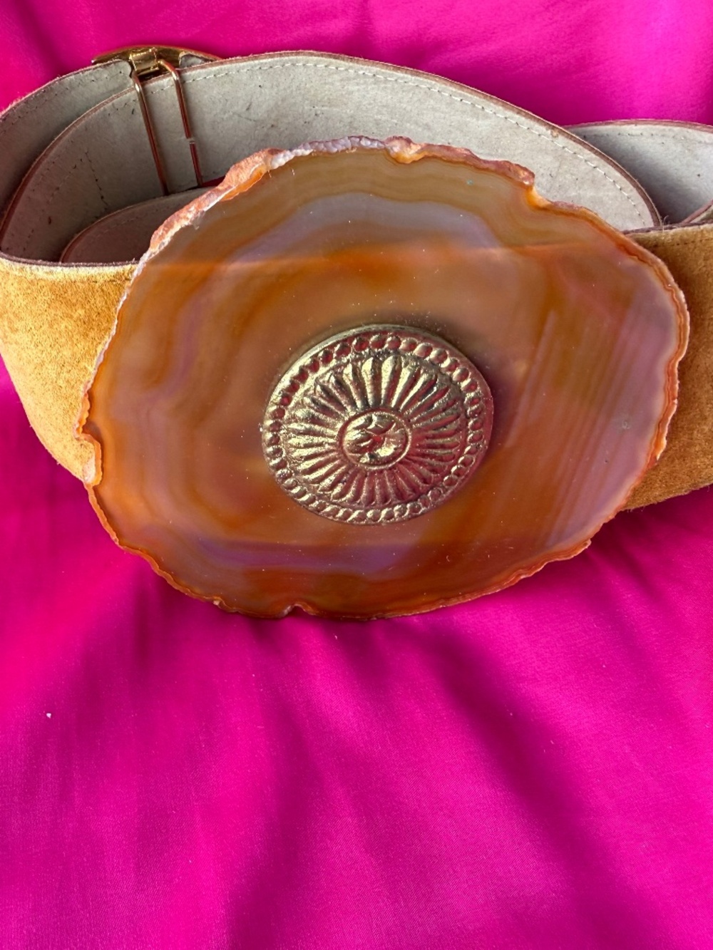 Boho Statement Belt w/ Agate Stone Buckle - Wide Suede Wrap Belt